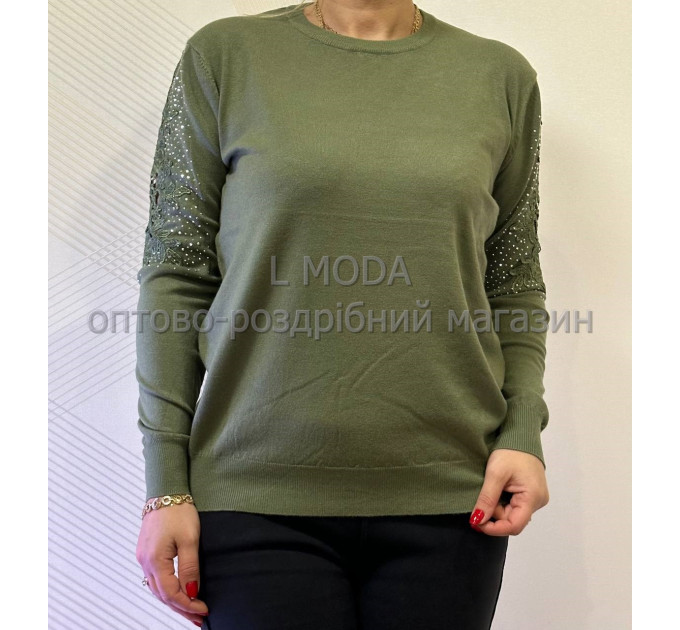 Кофта з ажурним рукавом хакі 48